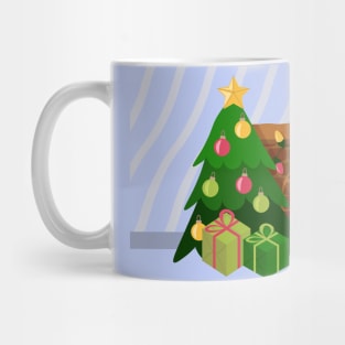 Cozy Christmas near fireplace blue back Mug